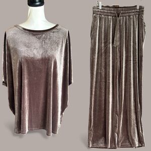 Simple Brown Velvet Wide-Leg Short Sleeve Loungewear Set XL Tall